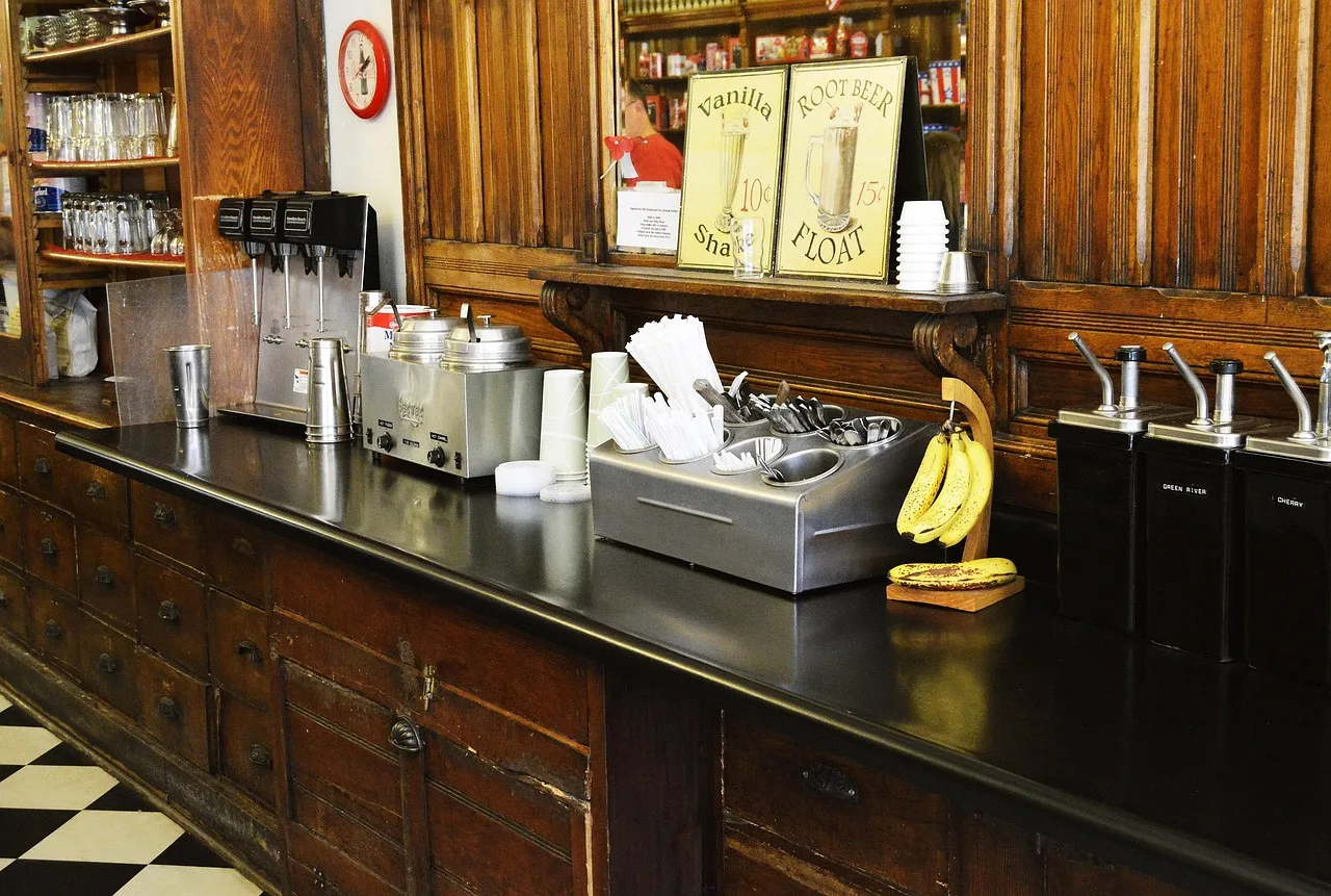 old fashioned, cafe, coffee shop, ice cream, store, restaurant, barista, area, counter, old, vintage, style, retro, vanilla, root beer float, shake, wooden, wood, cabinet, bananas, utensils, diner, shop, shoppe, brown shopping, brown restaurant, brown shop, brown cafe, brown banana, barista, diner, diner, diner, diner, diner. Scoring an ice cream shop market on seven factors, not a list of towns