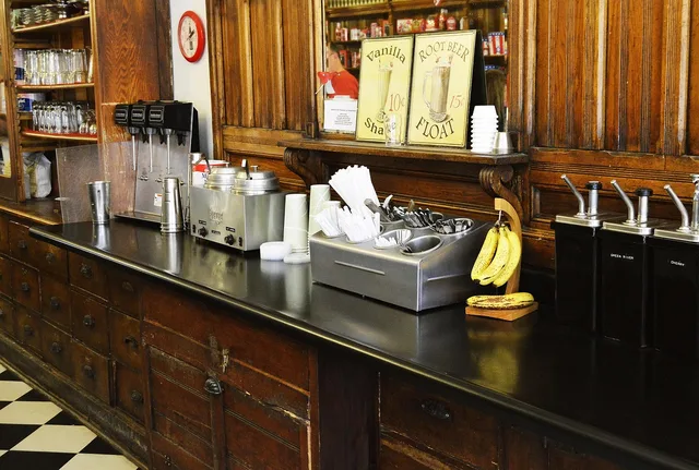 old fashioned, cafe, coffee shop, ice cream, store, restaurant, barista, area, counter, old, vintage, style, retro, vanilla, root beer float, shake, wooden, wood, cabinet, bananas, utensils, diner, shop, shoppe, brown shopping, brown restaurant, brown shop, brown cafe, brown banana, barista, diner, diner, diner, diner, diner. Scoring an ice cream shop market on seven factors, not a list of towns