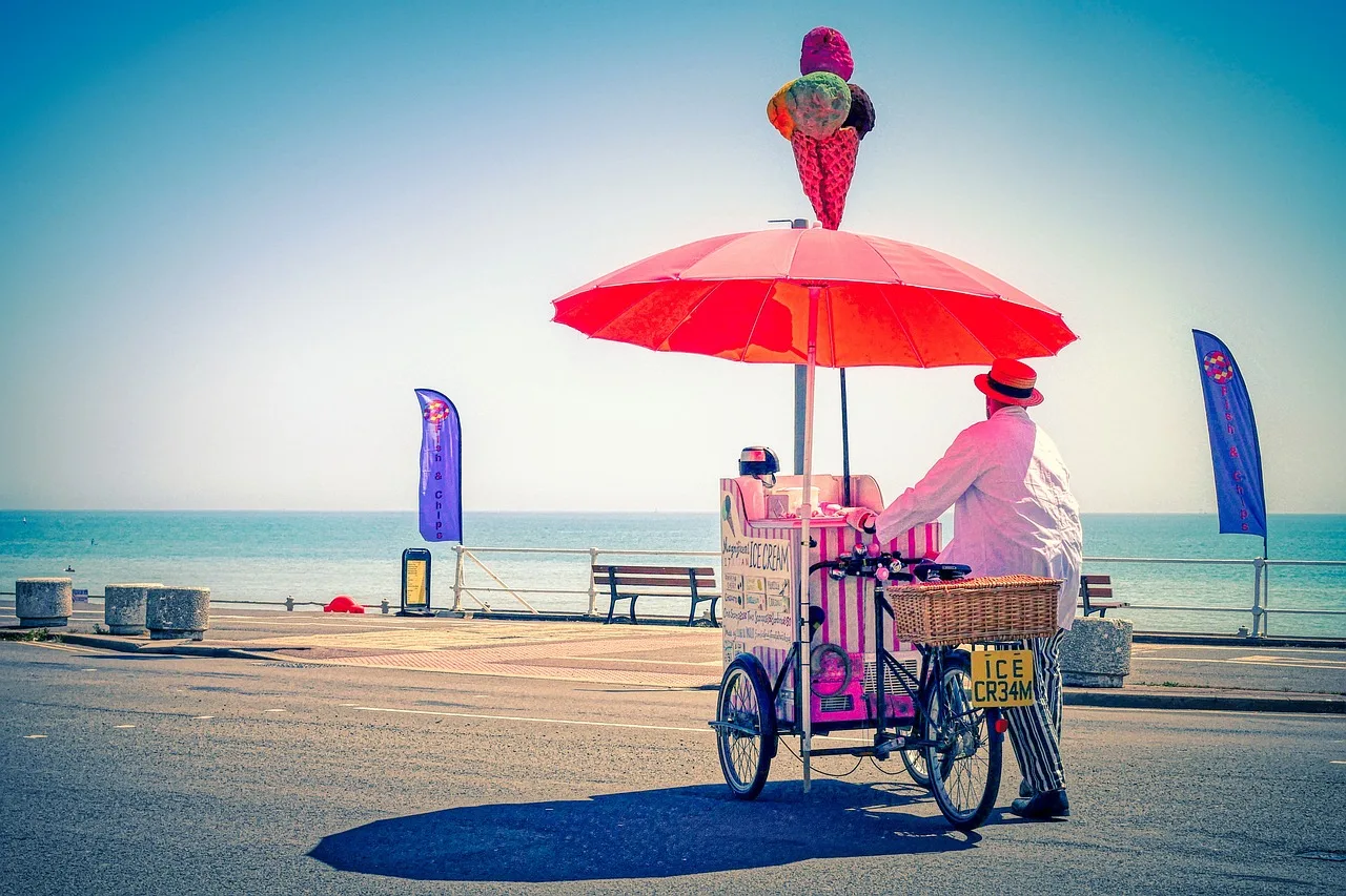 ice cream seller, nature, road, coast, ice cream vendor, sea, ocean, seaside, rickshaw, outdoors, england, uk. Getting ice cream shop staff up to speed: the checklist