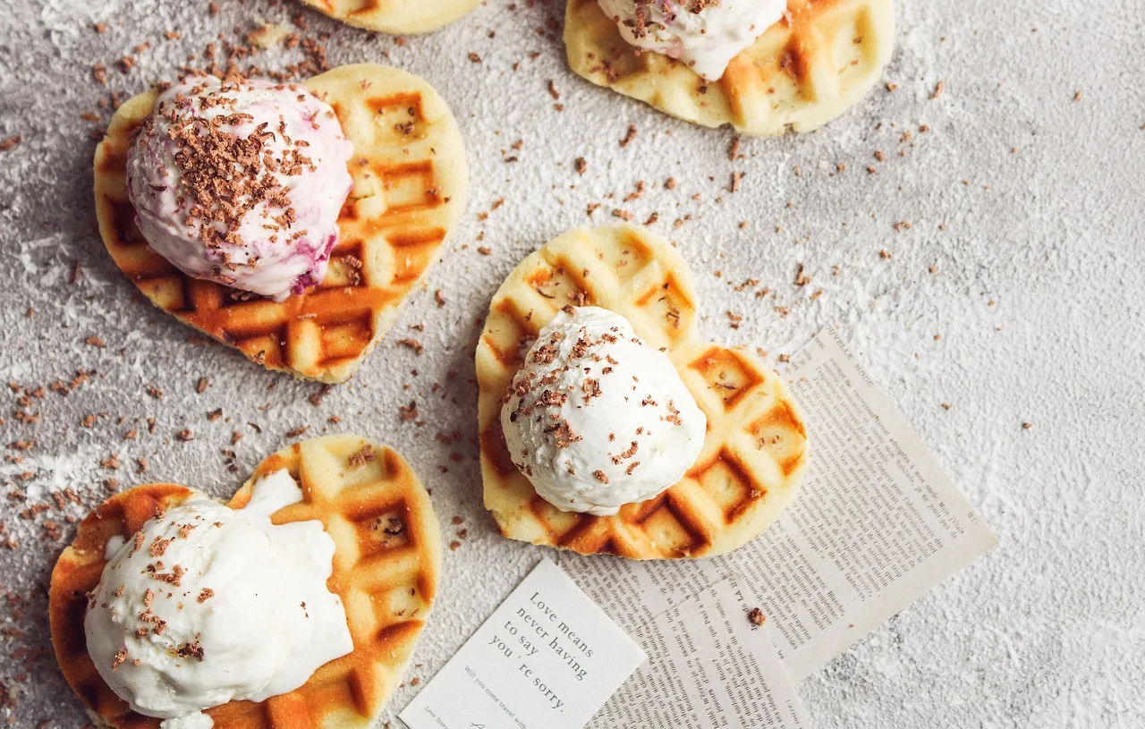 waffles, ice cream, love, romantic, heart, chocolate. Ice cream shop site selection for owners