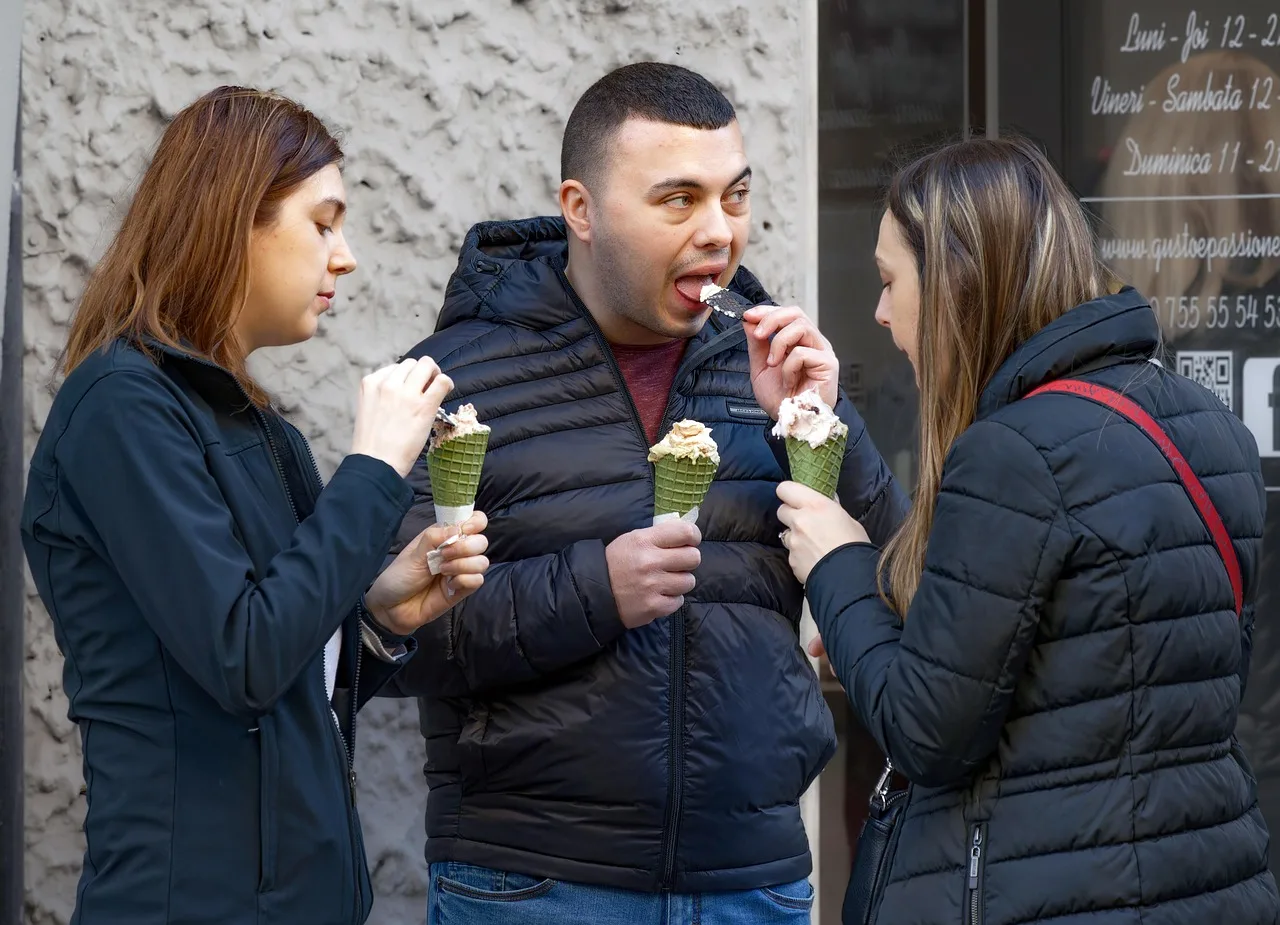 people, eating, ice cream, outdoors, street, shop, lifestyle, friends, leisure, taking a break. How to Test Ice Cream Shop Trends in Your Store