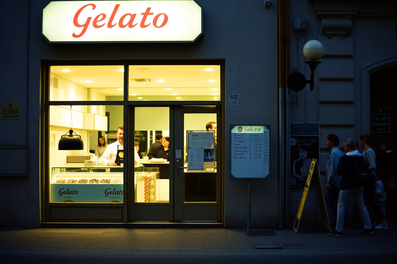 Gelato shop storefront at dusk seen from across the street (Reading ice cream shops with a sceptical eye)