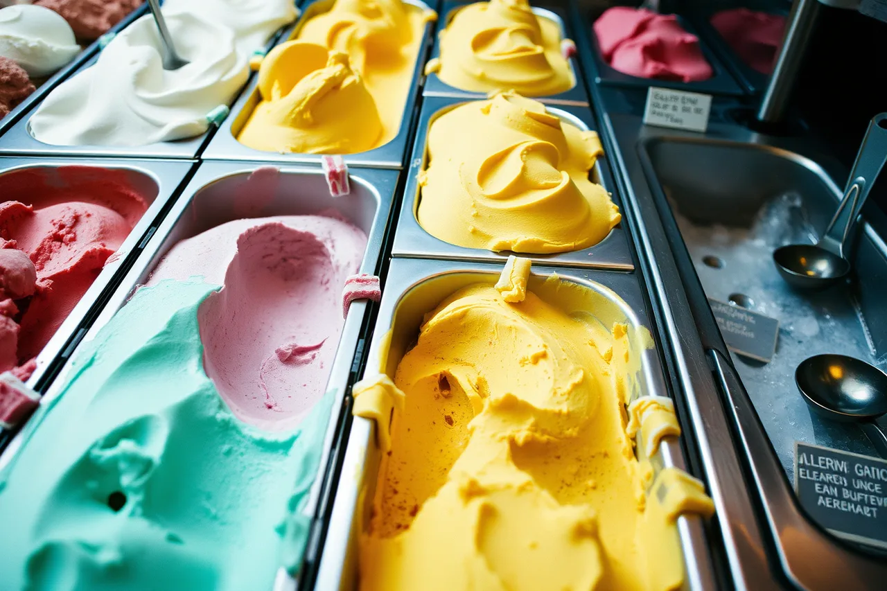 Gelato display case showing pan fill levels, texture and labels (Reading ice cream shops with a sceptical eye)