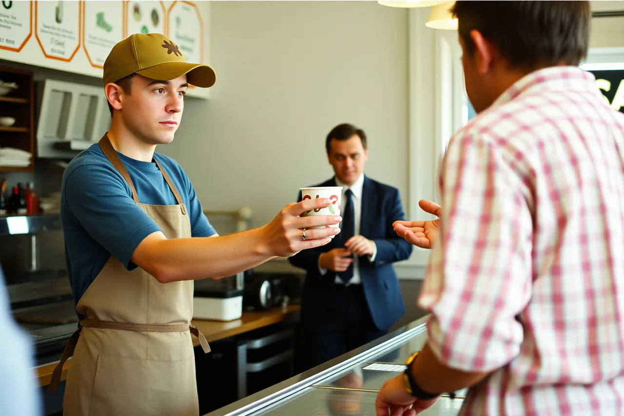 Counter worker serving gelato while a manager directs the shift (Reading ice cream shops with a sceptical eye)