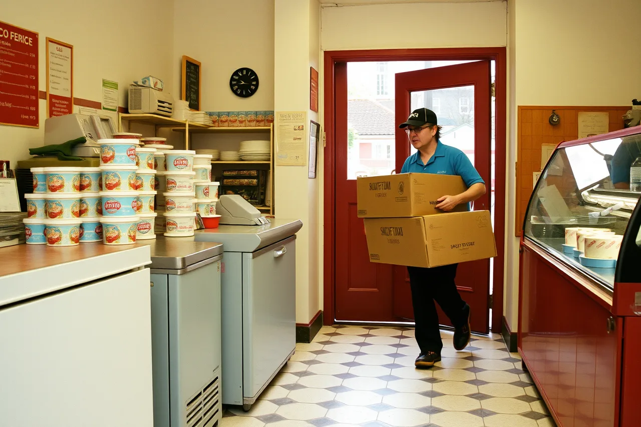 Take-home pint freezer and wholesale boxes leaving a gelato shop (Reading ice cream shops with a sceptical eye)