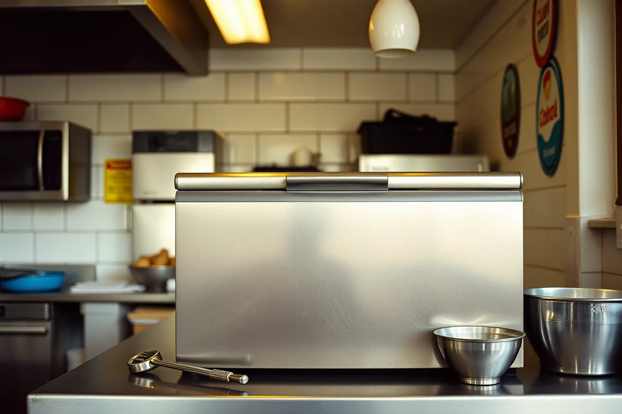 Used commercial tabletop batch freezer with lid open showing dasher and scraper blades (Comparing Affordable Batch Freezers for a First US Gelato Shop)