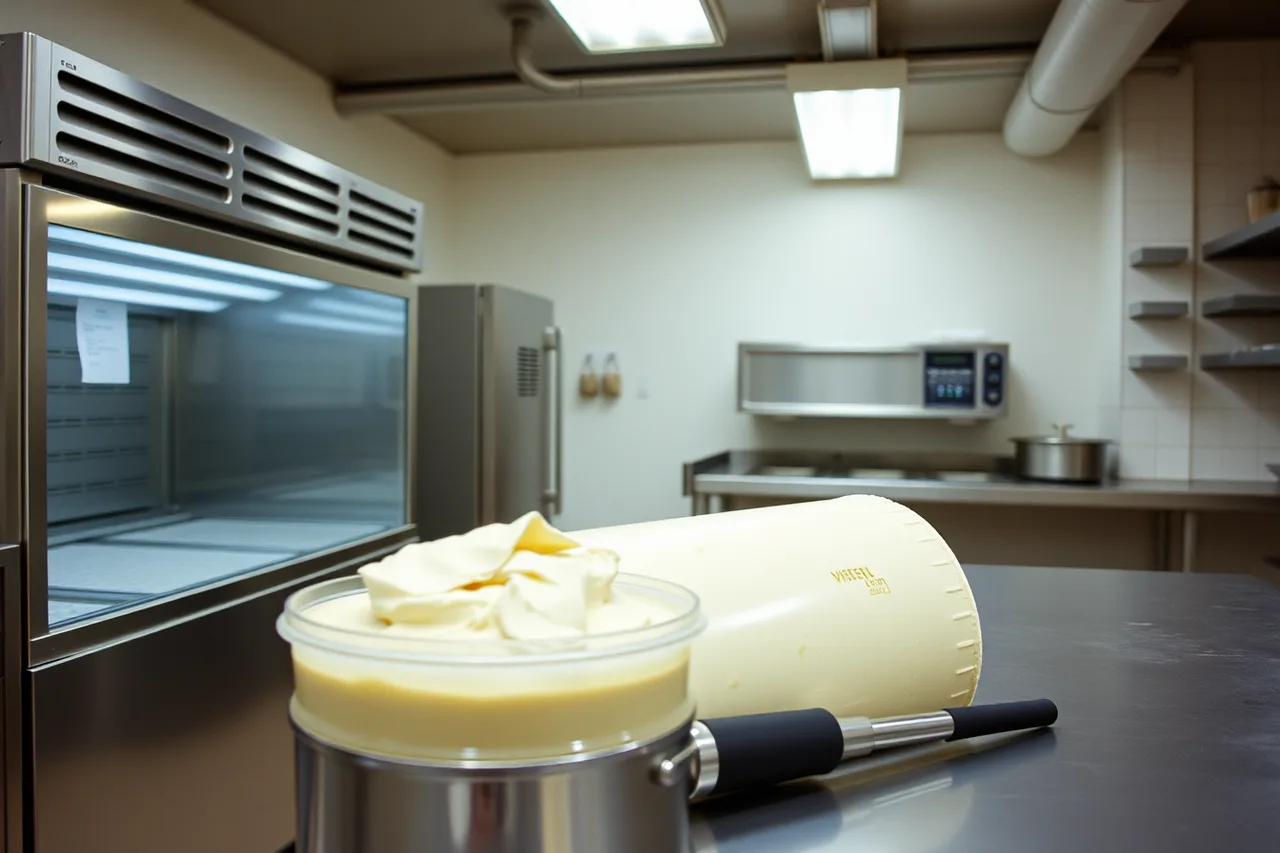 Batch freezer churning pistachio gelato in a licensed commercial kitchen (Bilingual Gelato Packaging: CFIA Rules for Canadian Shops)