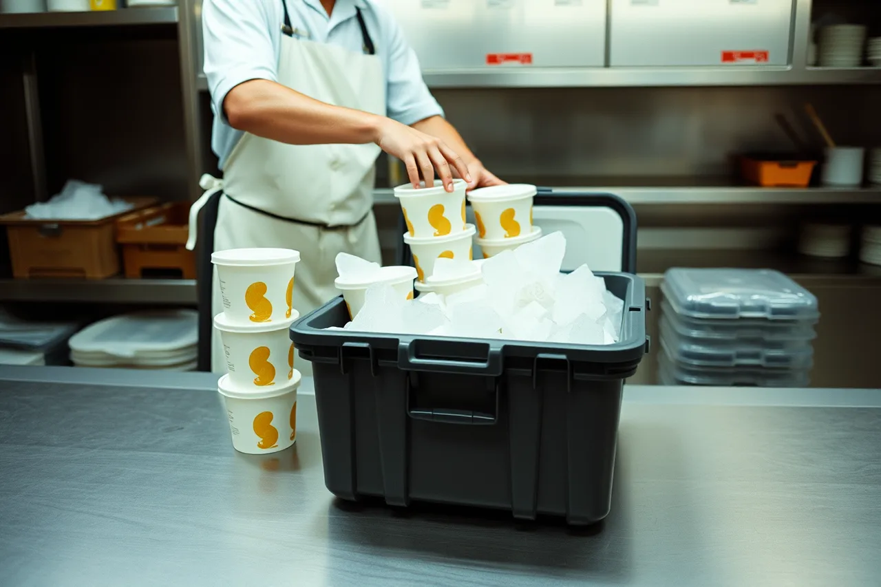 Worker packing gelato pints and dry ice into insulated catering carriers (Why do Chicago gelato shops plan for winter and summer foot traffic?)