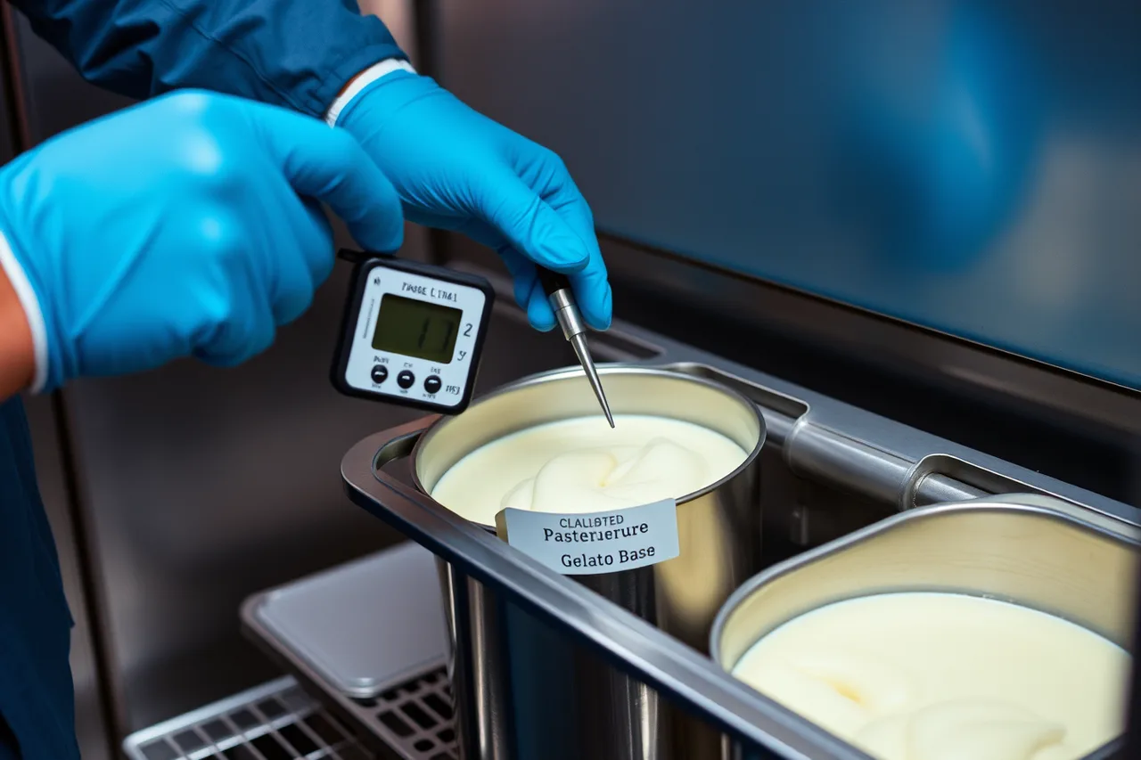 Worker checking gelato base temperature with calibrated probe thermometer (Why do Chicago gelato shops plan for winter and summer foot traffic?)