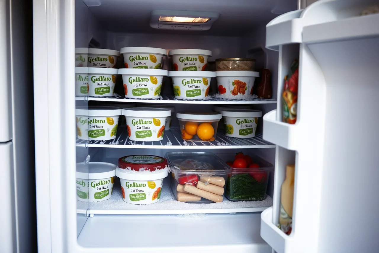Home freezer holding gelato base beside household food (US cottage food laws for selling gelato from a cart)