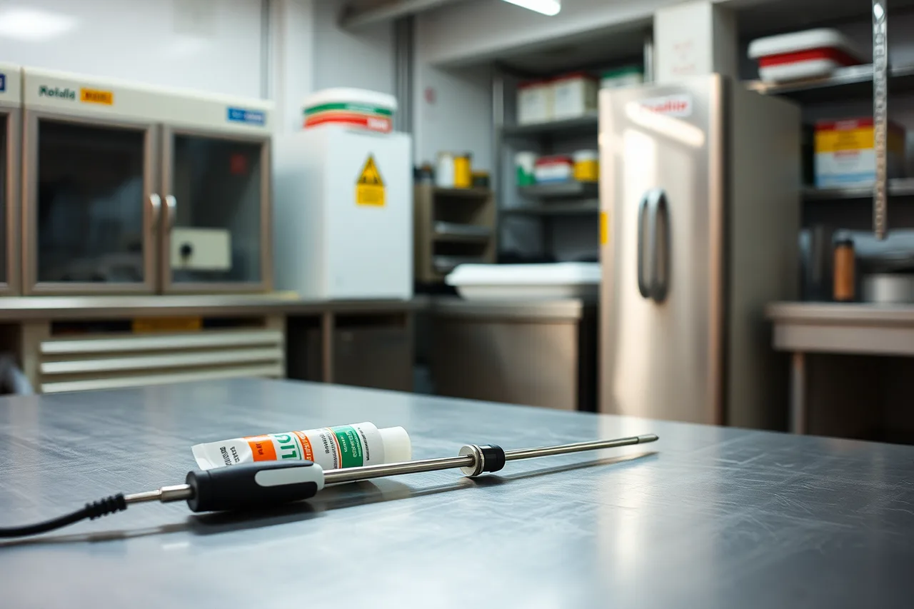 H1 lubricant tube and probe thermometer on stainless steel table beside batch freezer (Gelato Batch Freezer Maintenance Schedule for Small US Shops)