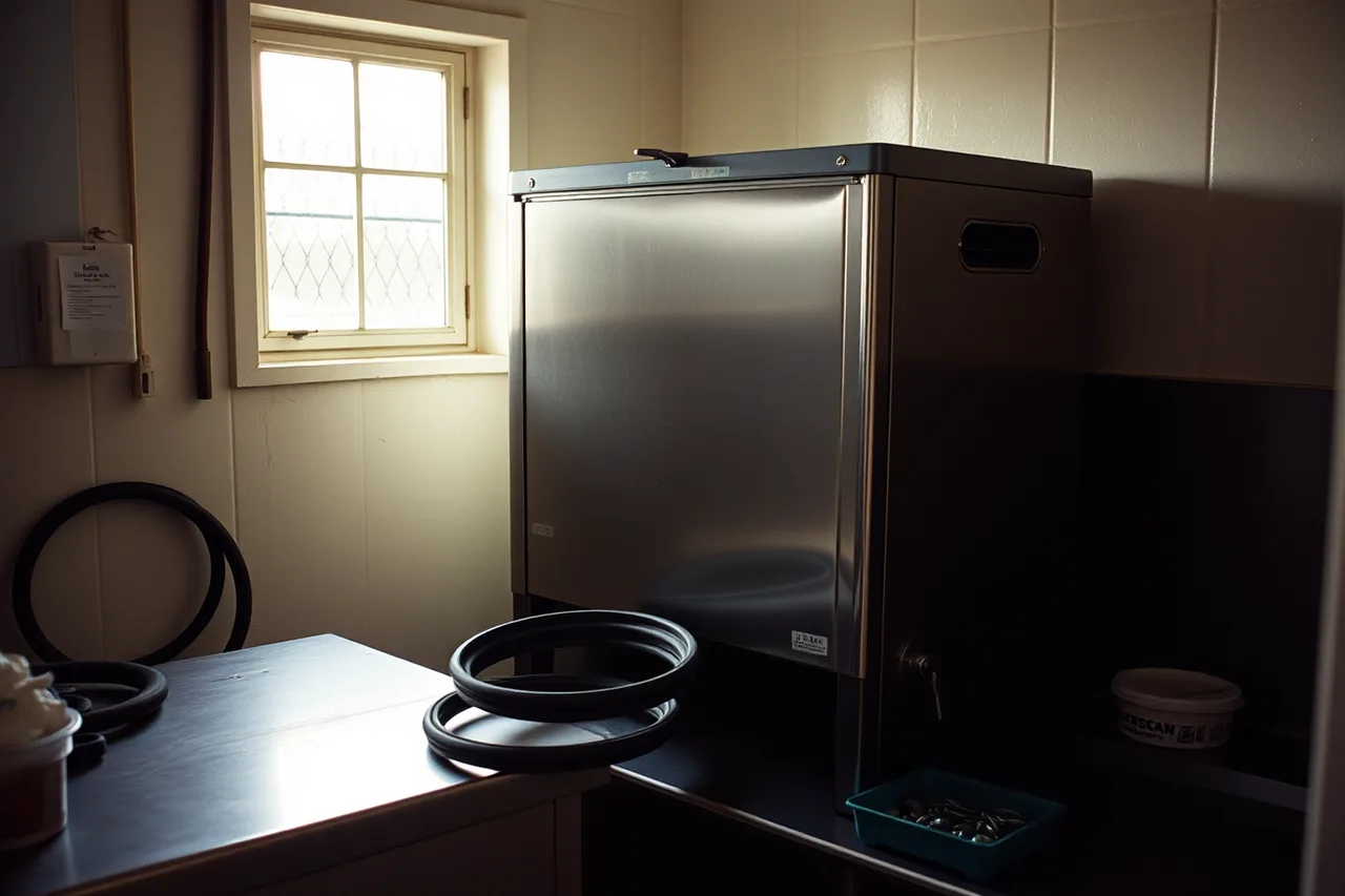Used batch freezer with open dasher and seals being inspected before purchase (Gelato Batch Freezer Maintenance Schedule for Small US Shops)