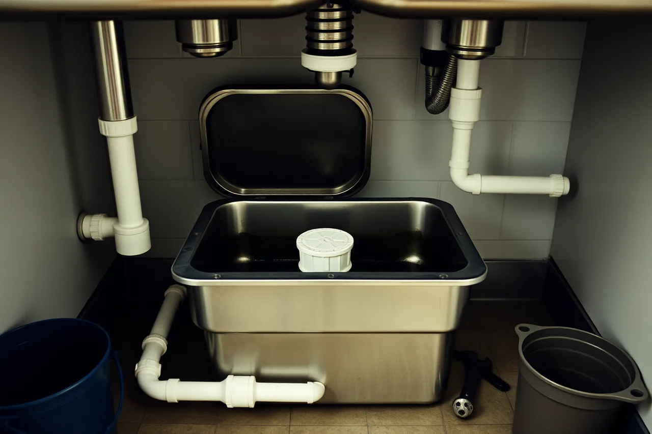 Under-sink grease interceptor beneath a commercial sink with lid open (A guide to leasing a US storefront, ADA and health department plan review)