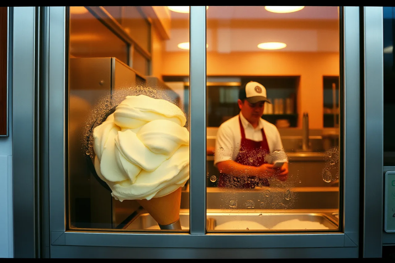 Batch freezer churning gelato behind a glass window in a shop (Ice cream shop referrals: the habits that generate them)