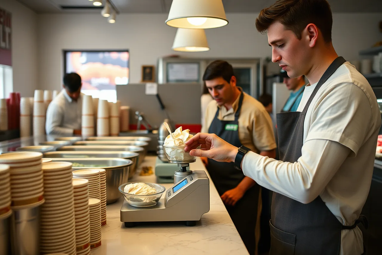 Trial-shift candidate weighing a gelato serving on a digital scale (How to hire ice cream shop staff who actually show up reliably)