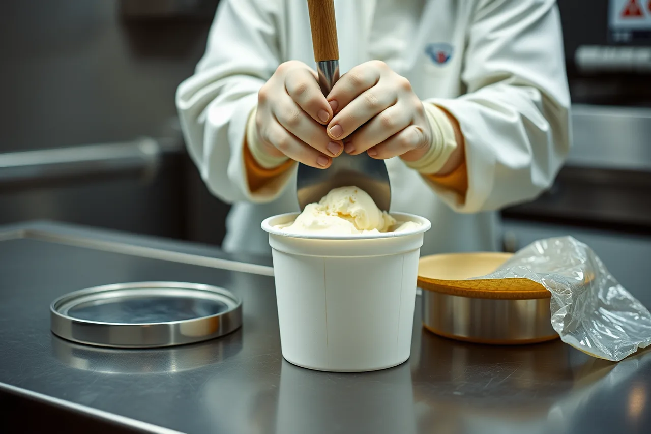 Worker hand-packing ice cream into a pint container with a spade (Packaging ice cream shop products: the cold-chain problem, pints to catering)