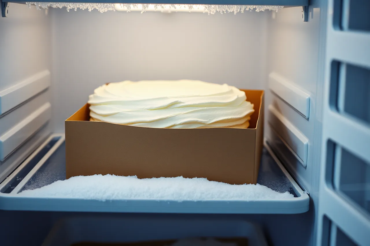 Ice cream cake in a supporting box inside a hardening freezer (Packaging ice cream shop products: the cold-chain problem, pints to catering)