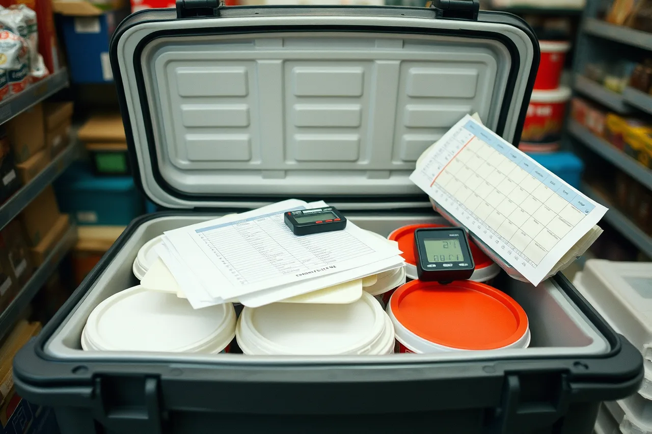 Insulated catering carrier with cold packs, thermometer, and temperature log (Packaging ice cream shop products: the cold-chain problem, pints to catering)