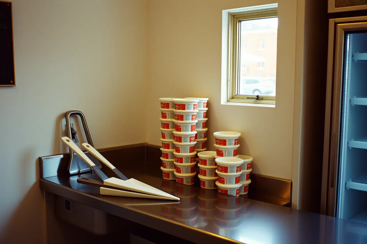 Counter worker packing pints with specification sheet on the wall (Packaging ice cream shop products: the cold-chain problem, pints to catering)