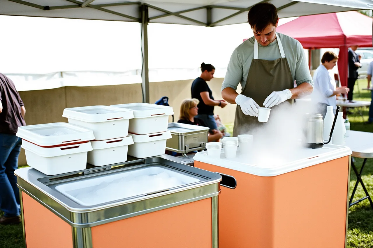 Catering cart with insulated gelato tubs, dry ice and a server portioning cups (Setting ice cream shop prices that cover costs and leave a margin)