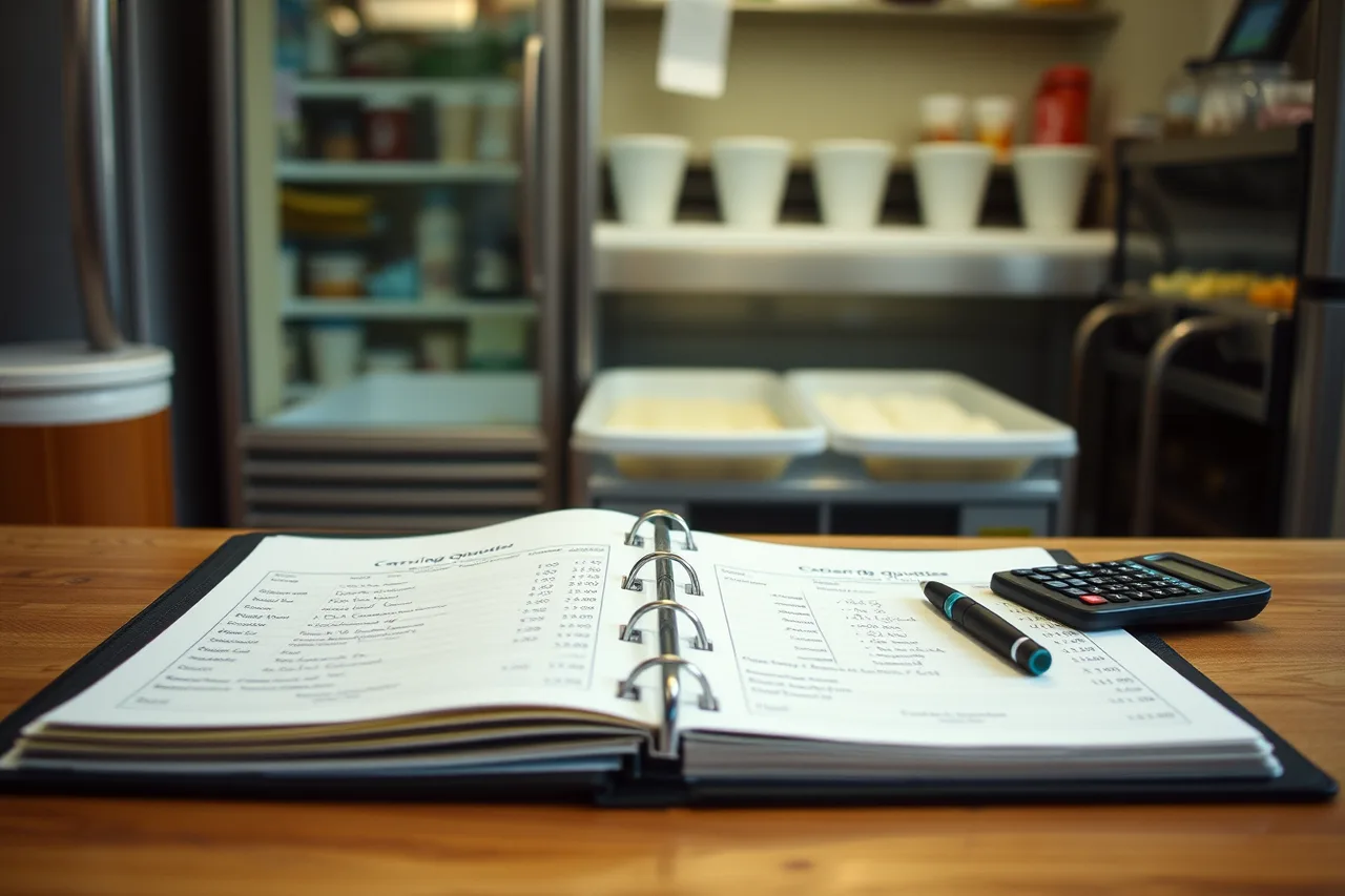 Quote binder with actual job costs written beside each quote (Setting ice cream shop prices that cover costs and leave a margin)