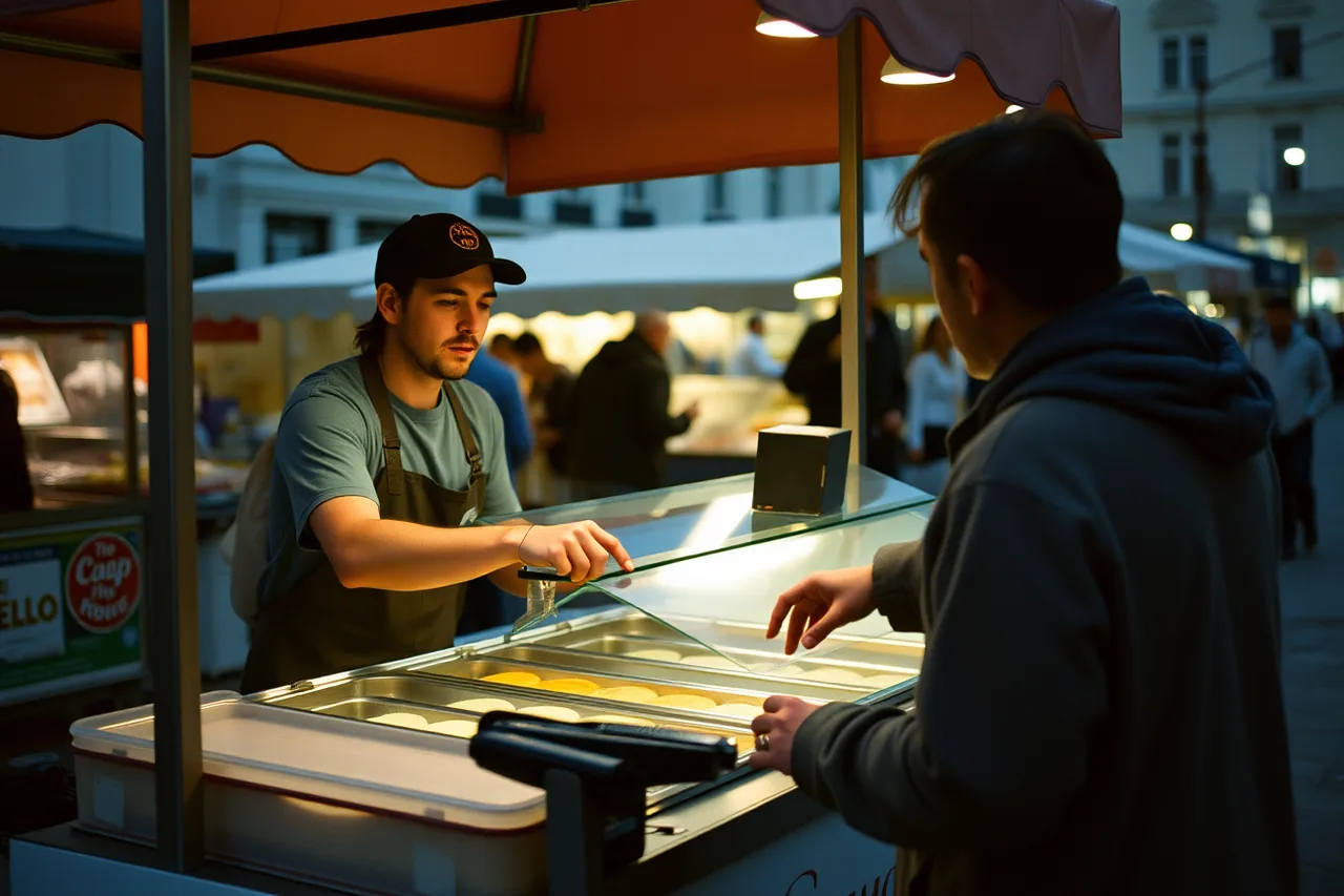 One worker serving and running a market gelato cart alone (Setting ice cream shop prices that cover costs and leave a margin)