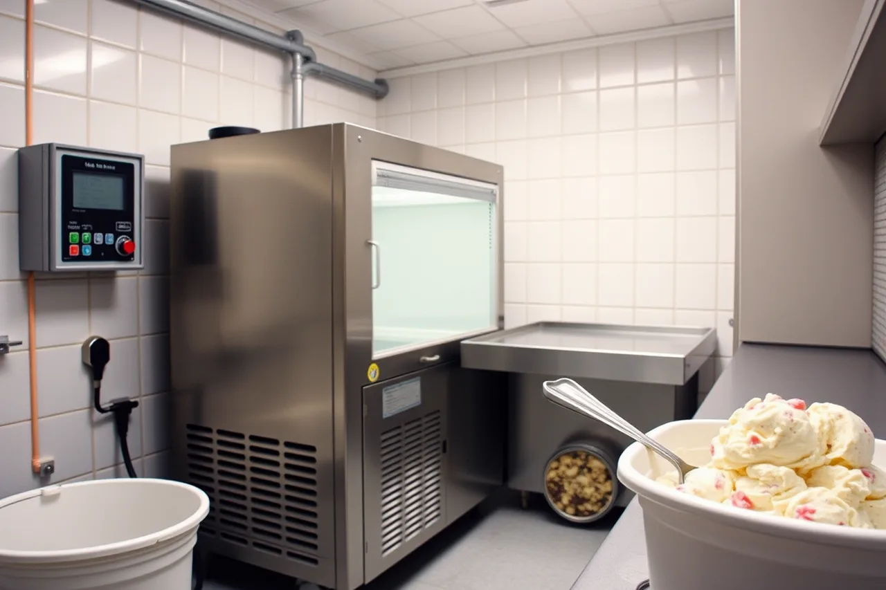 Worker pouring mix into a commercial batch freezer (How to start an ice cream shop as a staged sequence, from a proven product to the soft open)