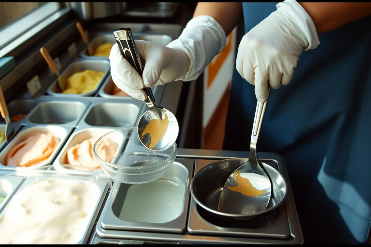 Gloved hands lifting a gelato scoop from its dedicated water well (Getting ice cream shop staff up to speed: the checklist)