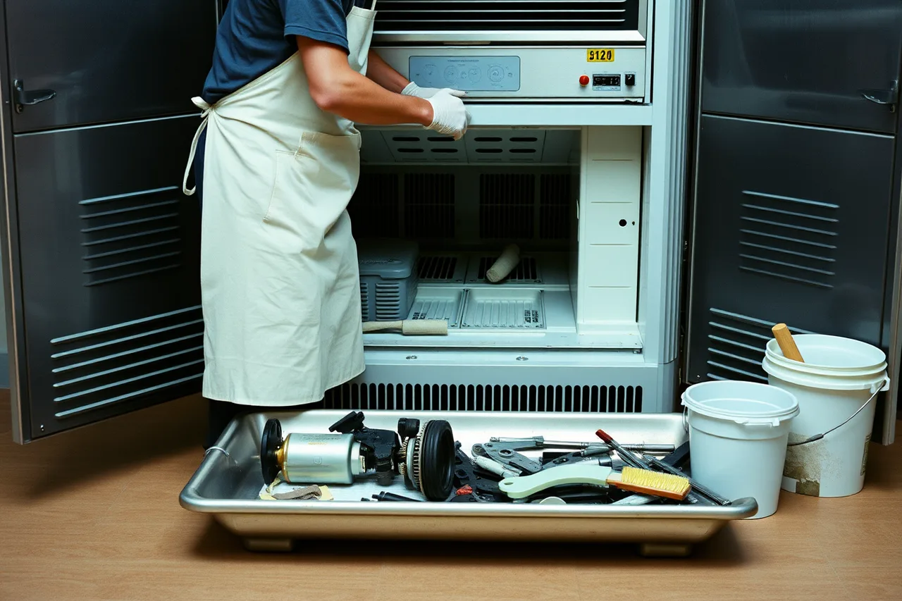 Worker dismantling a batch freezer for cleaning and sanitizing (Getting ice cream shop staff up to speed: the checklist)
