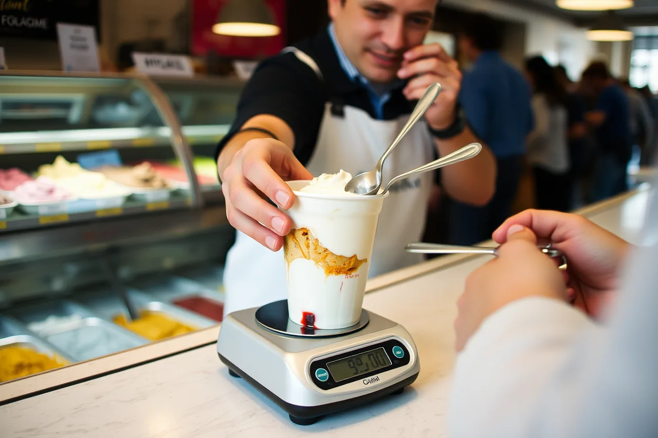 Counter worker weighing a gelato serving on a digital scale (Getting ice cream shop staff up to speed: the checklist)