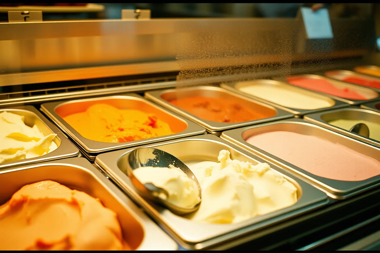 Gelato display case with partly scooped pans at serving temperature (Suppliers and stock for an ice cream shop)