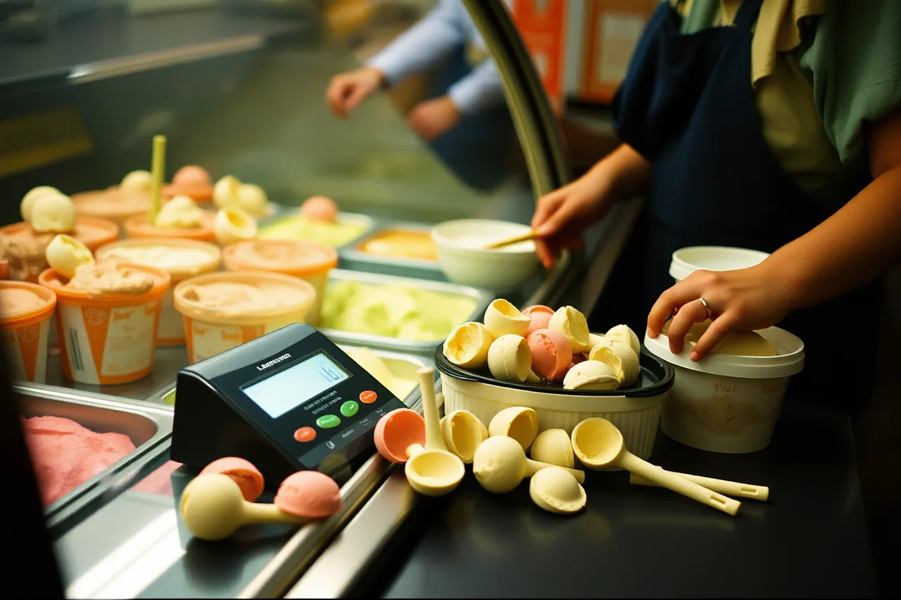 Worker weighing discarded gelato scoops on a scale at closing time (Ice cream shop KPIs: the monthly dashboard that matters)
