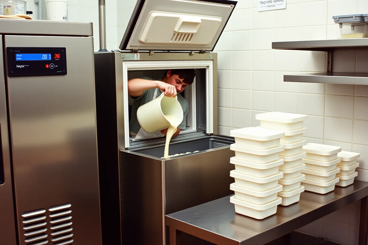 Worker pouring ice cream base into an open batch freezer barrel (9 parts of ice cream shop plan, explained)