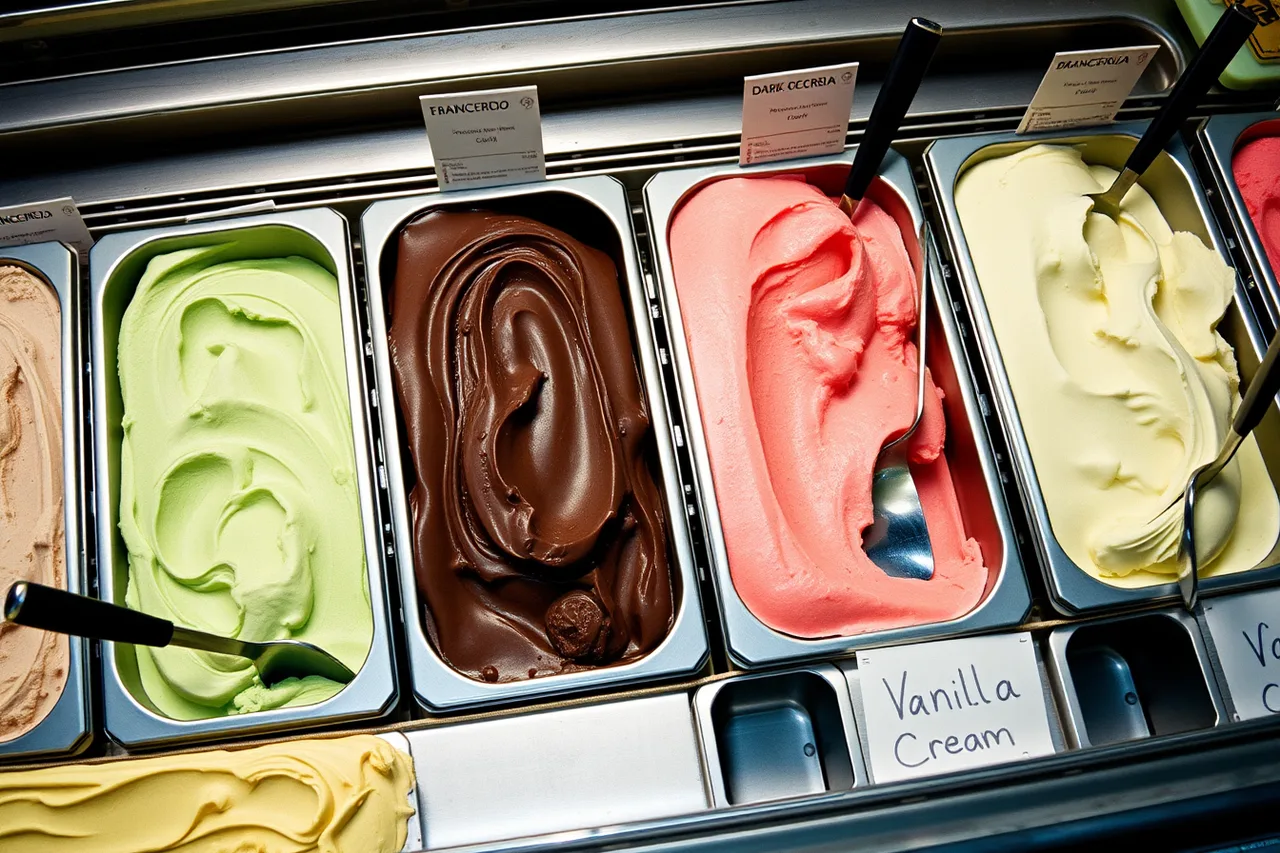 Overhead view of gelato display case pans with flavor cards (9 parts of ice cream shop plan, explained)