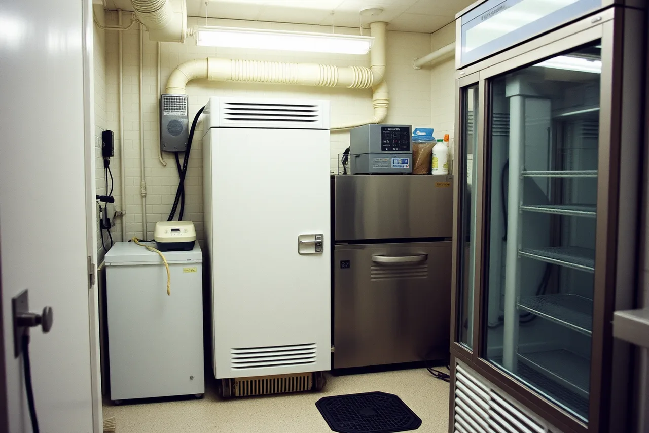 Batch freezer, hardening cabinet, and display case in a small back room (Ice cream shop site selection for owners)