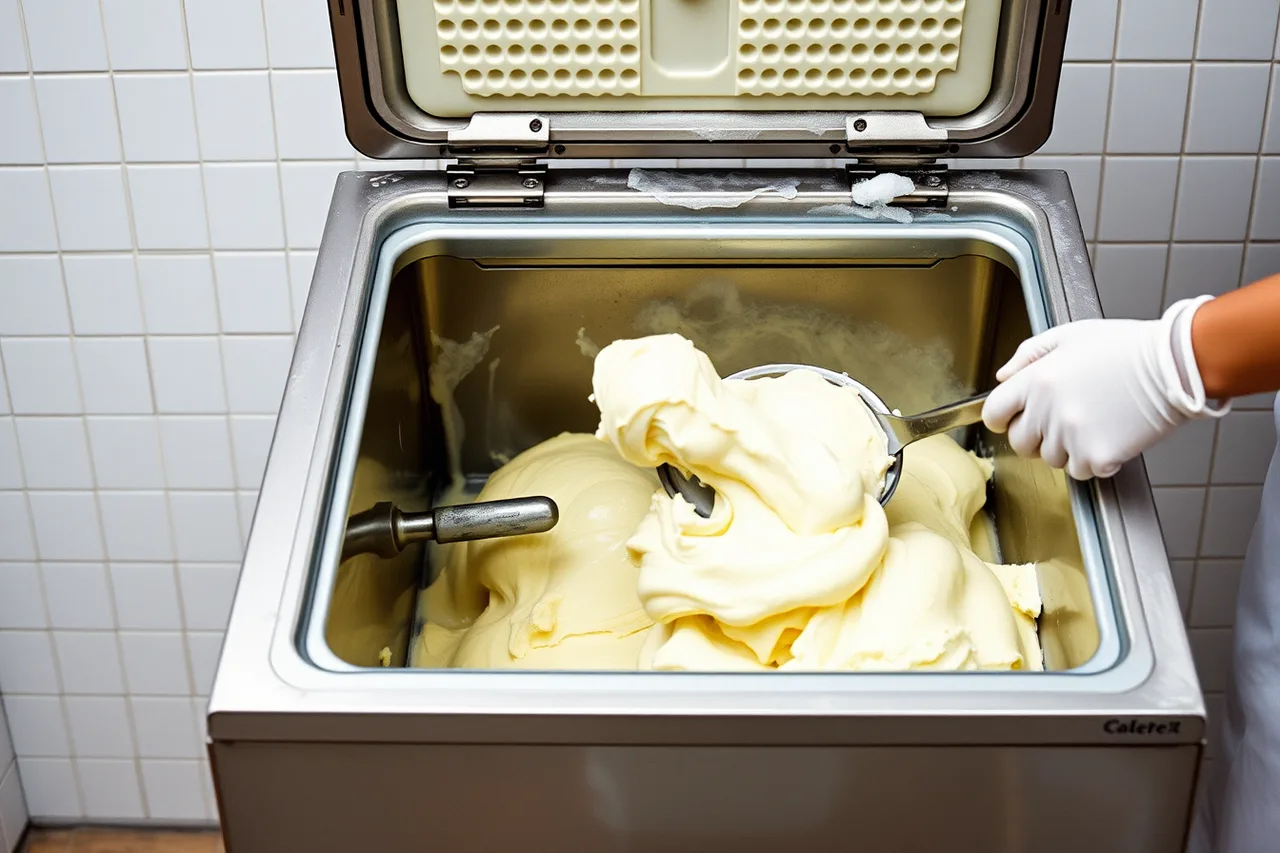 Batch freezer churning gelato in a stainless steel machine (Ice cream shop startup and market realities for 2027)