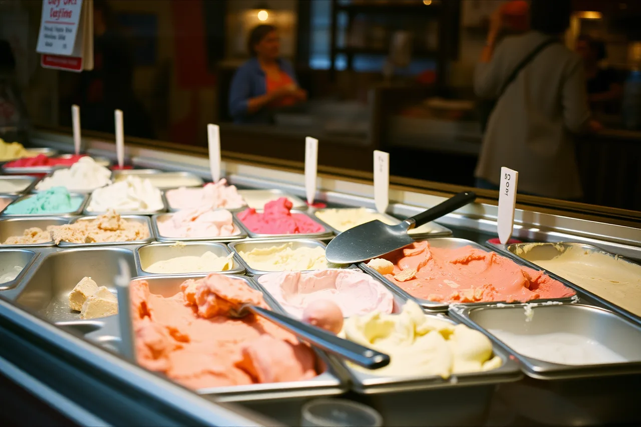 Gelato display case with half-empty pans and a spade (Ice cream shop startup and market realities for 2027)