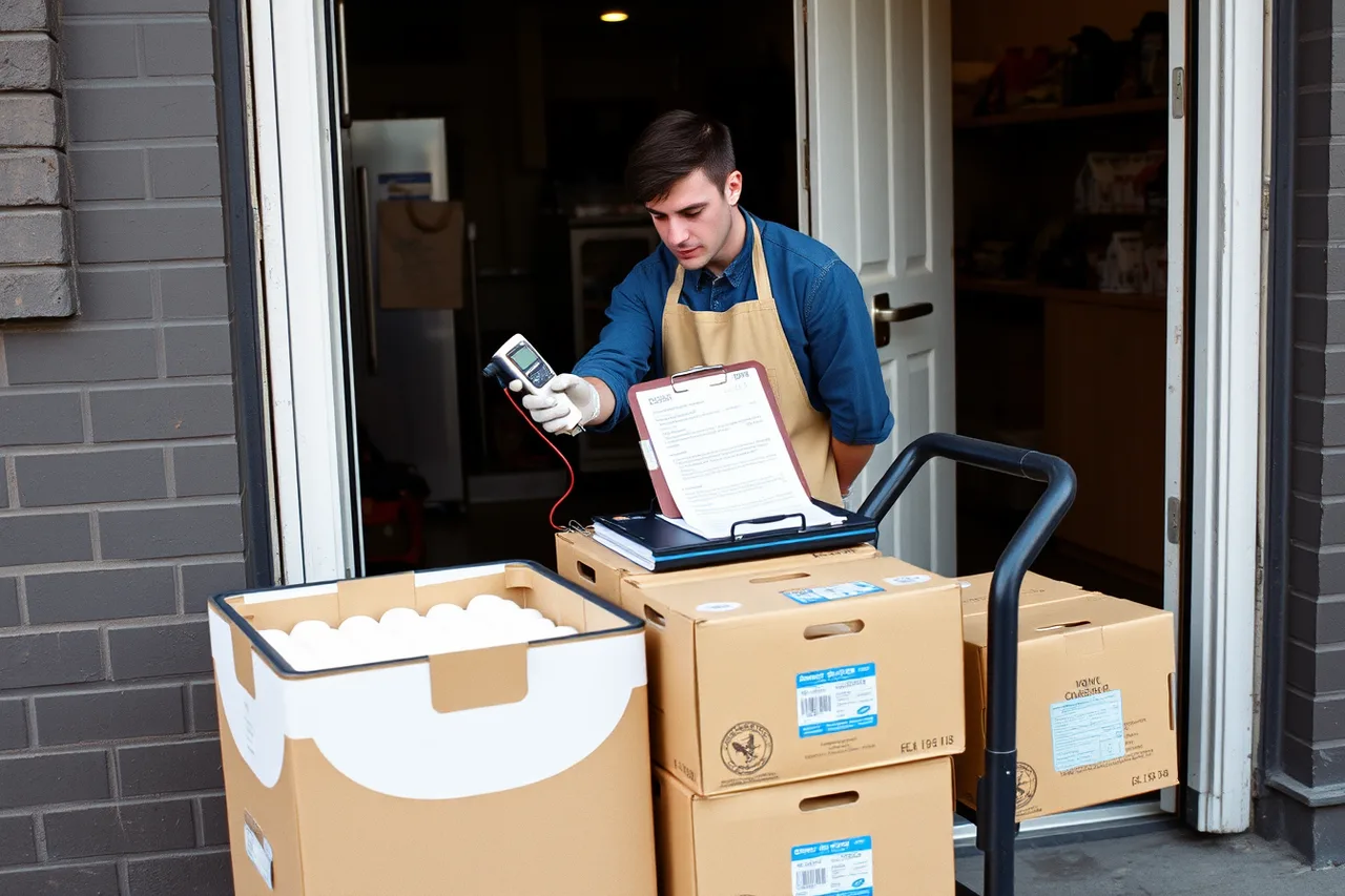 Worker checking dairy temperature at delivery door with probe thermometer (An ice cream shop stock checklist for every delivery, close and season)