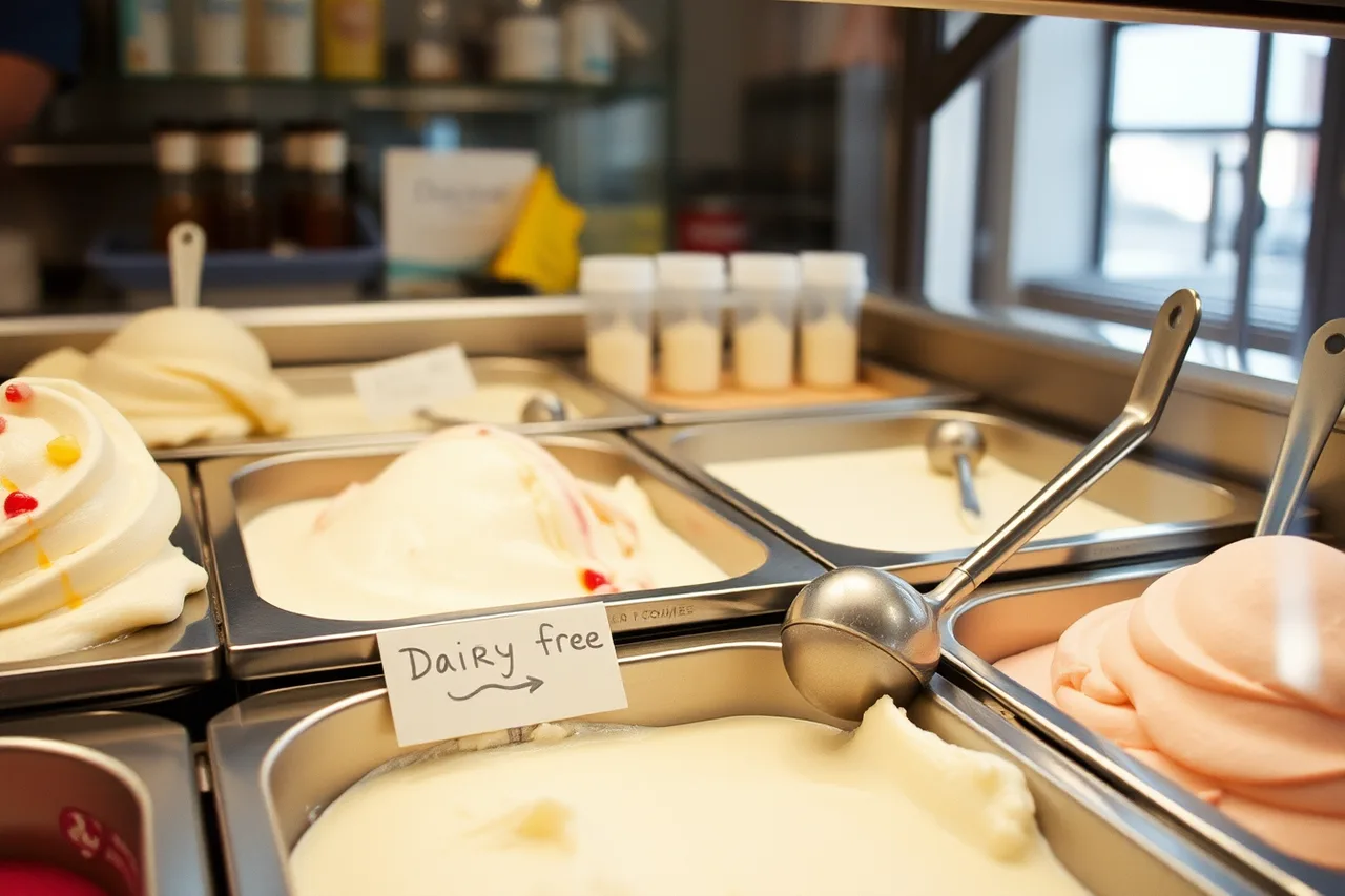 Dairy-free gelato pan set apart with its own scoop in a display case (Demand trends every ice cream shop owner should know for 2027)