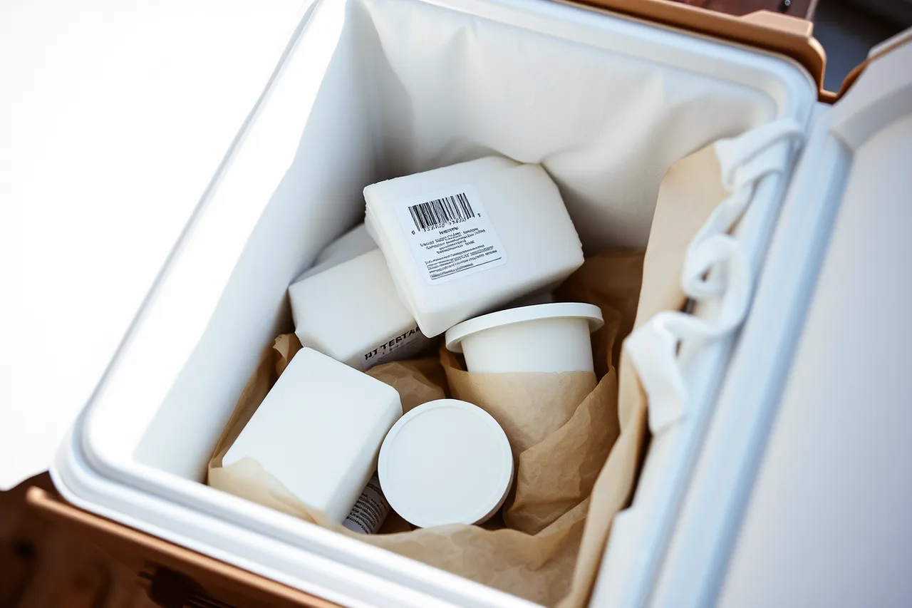 Dry ice block and gelato pints inside an insulated shipping box (How Miami's cold-chain rules for gelato delivery work)